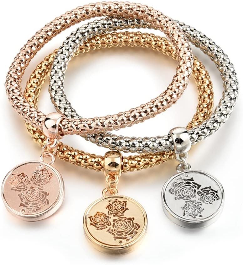 SILANER Crystal Charms Multilayer Bracelets - 3PCS Gold/Silver/Rose Gold Corn Chain Bracelet for Women, Tree of Life Heart Shaped Stretch Bracelet - Image 1